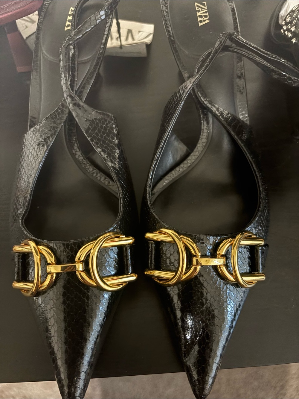 Zara Black Pointed Toe Slingback Flats with Gold Double Buckle Size 10/41